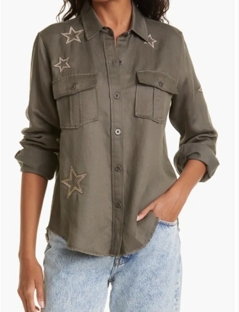 Rails‎ Loren Sz S Olive Gold Star Embroidery Utility Shirt Long Sleeve Raw Hem